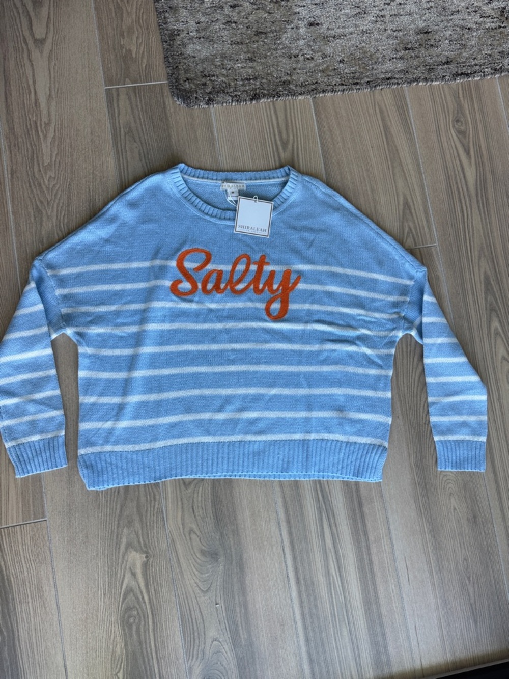 Shiraleah Sea Blue & White Striped 'Salty' Crewneck Sweater with Orange Script